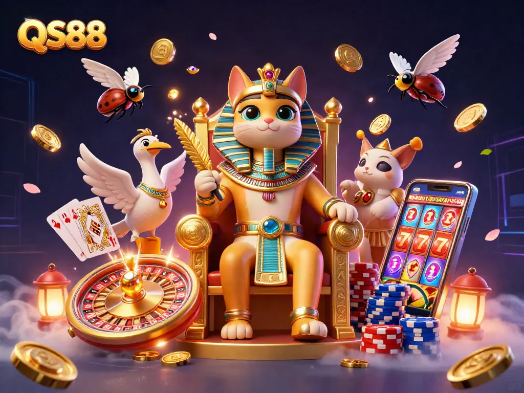 Experience thrilling gameplay with QS88, featuring vibrant casino elements and a pharaoh cat at the center.