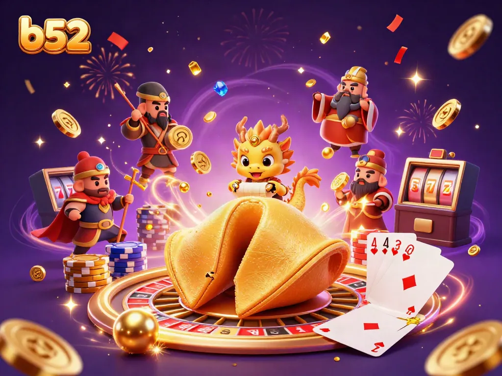 Engage with the B52 casino experience featuring a dynamic golden fortune cookie and casino elements.