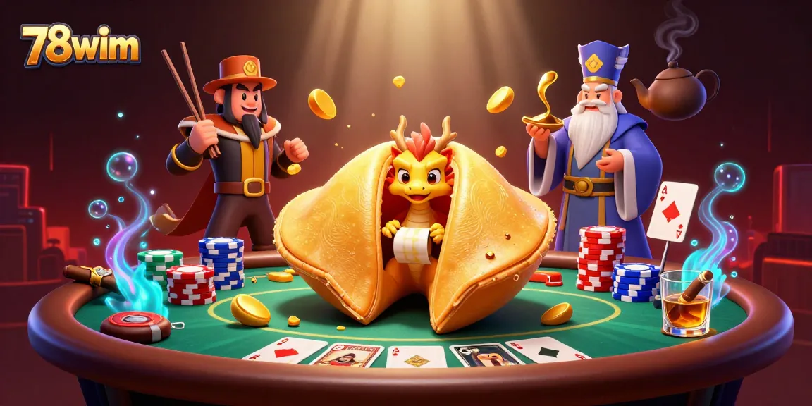 Bet on 78wim while a wise dragon reads fortunes from a golden cookie at a lively poker table.