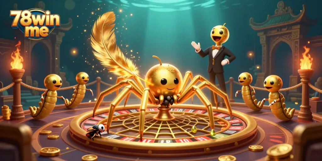 Engage with the thrilling world of 78win me through an enchanting casino scene featuring a golden spider and interactive roulette.