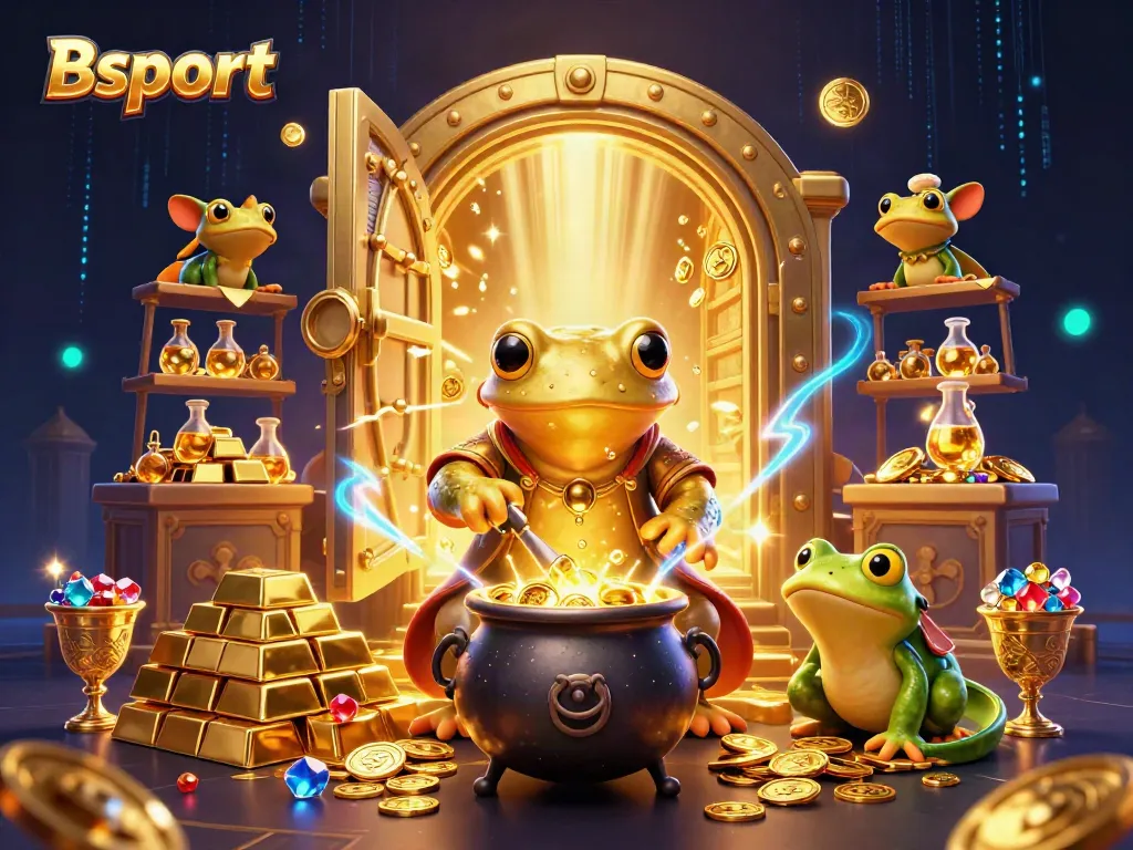 Bsport features a golden salamander alchemist surrounded by treasures and gambling elements.