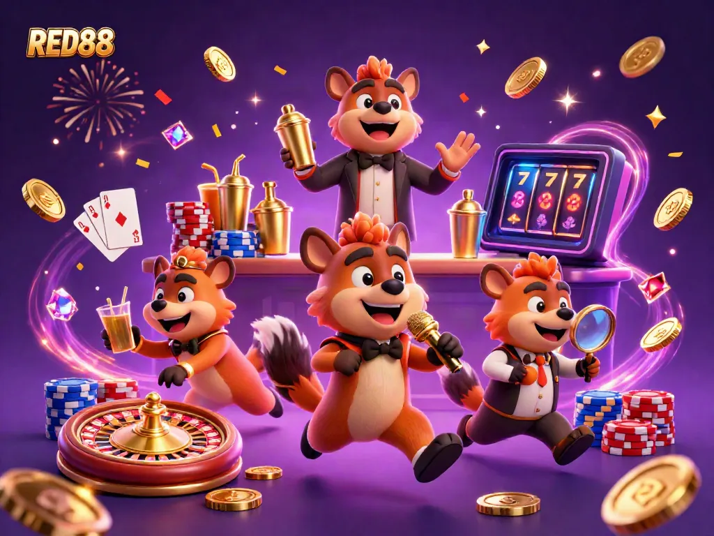 Enjoy RED88's vibrant comedy casino scene with characters, golden coins, and a roulette wheel.