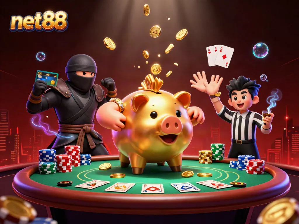 Engaging net88 3D illustration shows an energetic sumo wrestler piggy bank surrounded by casino elements.