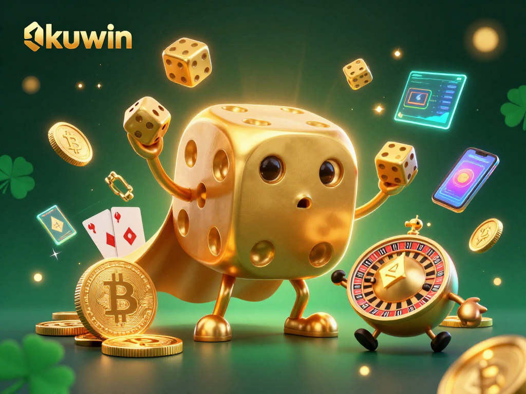 kuwin's dynamic casino scene showcases a golden dice golem and cryptocurrency elements in action.