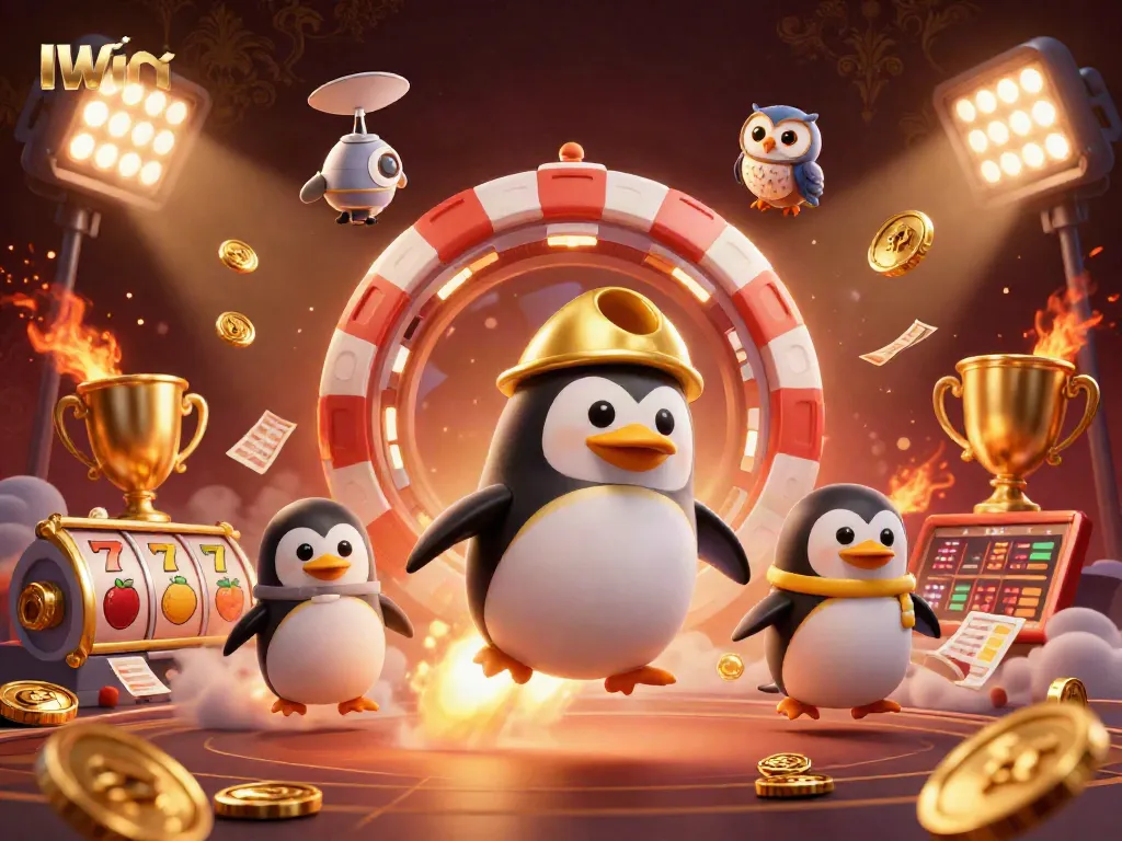 IWIN showcases a dynamic casino scene with a golden penguin and vibrant slots, surrounded by rich visual elements.