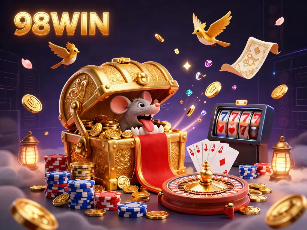 Engage with 98WIN's thrilling casino adventure featuring treasures, spinning reels, and vibrant gameplay elements.
