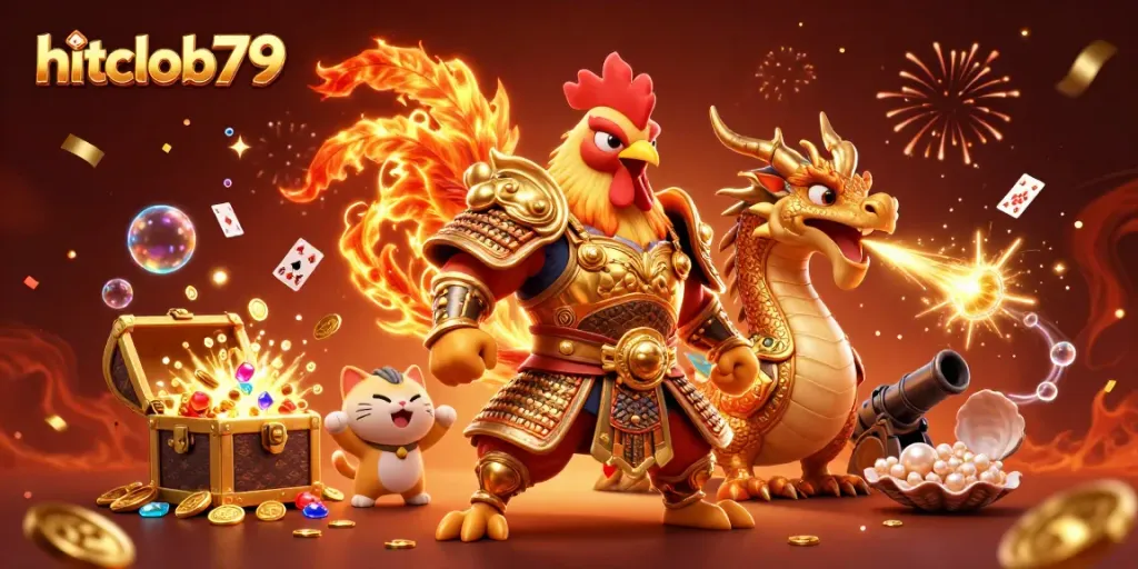 Win big with hitclub79 in a dynamic casino-themed battle featuring colorful treasures and energetic characters.