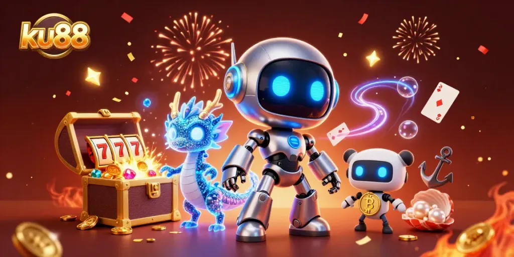 ku88 showcases a vibrant casino scene with a cyberpunk robot and treasures, engaging players in a magical gaming experience.