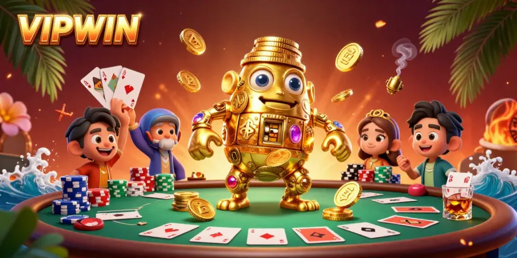 Experience thrilling gaming at VIPWIN with a golden golem and dynamic poker elements.