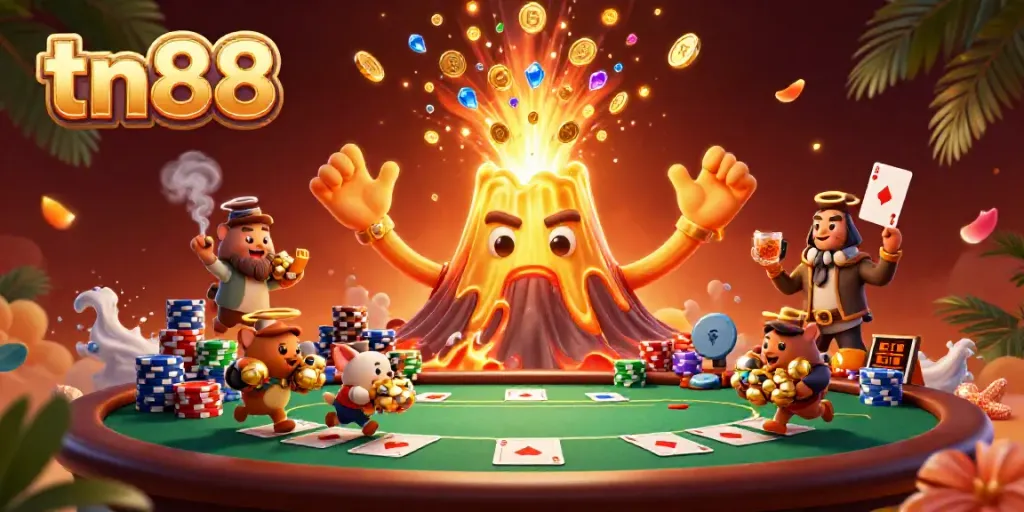 Experience exciting gameplay at tn88 with thrilling poker elements and a golden erupting volcano.