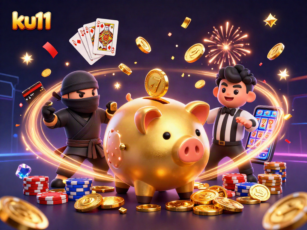 ku11 showcases a sumo wrestler piggy bank and ninja in an exciting casino clash scene.