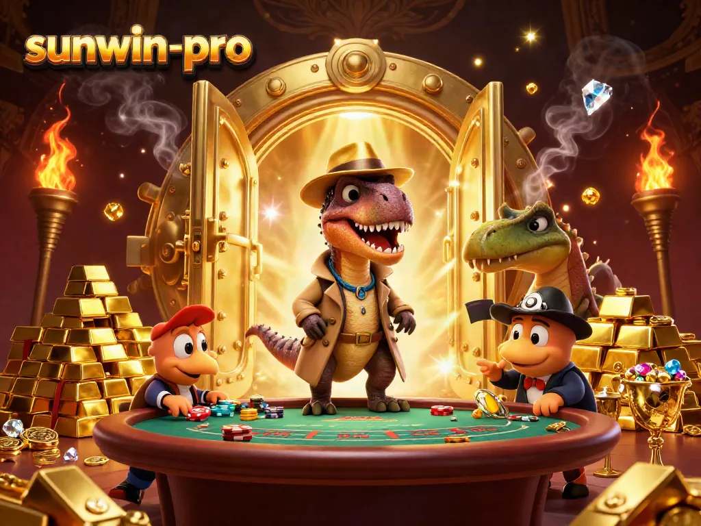 Sunwin-pro velociraptor card counter in a casino scene with gold treasures and dynamic elements.