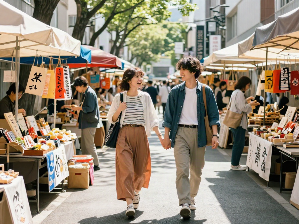 日本AV相关文化活动中,年轻情侣在市场愉快地互动,展示现代日本街头时尚。