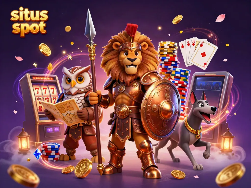Experience exciting situs slot gameplay with a heroic lion and tactical owl amidst cascading coins and vibrant poker chips.