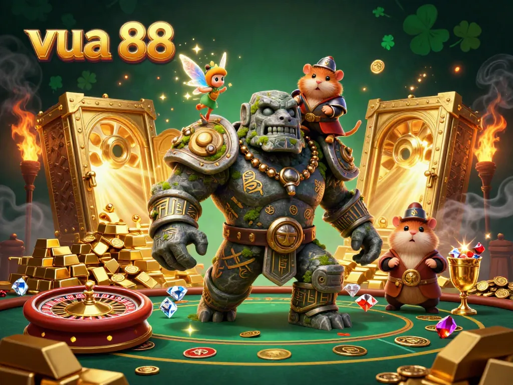 Experience the excitement of vua 88 with vibrant casino characters among golden treasures and gaming elements.