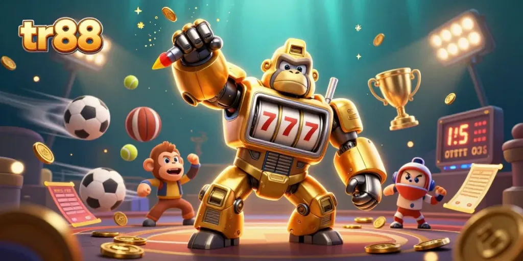 Engage with the exciting tr 88 gaming experience featuring a golden gorilla mech and vibrant sports elements.