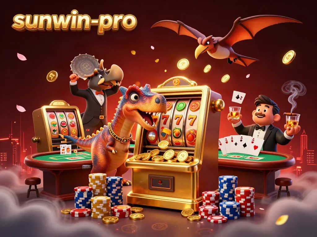 Watch the sunwin-pro pachycephalosaurus engage with a slot machine, capturing a jackpot of coins amidst a bustling casino scene.