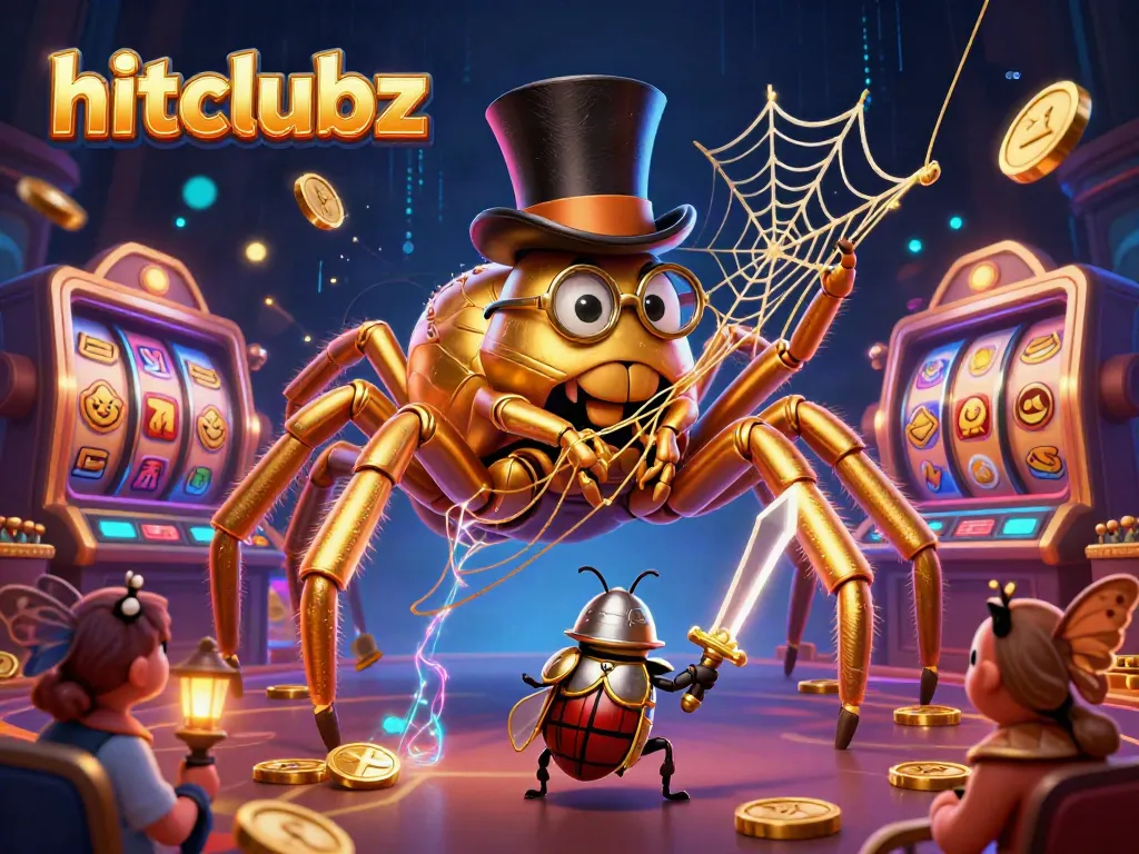 Witness the thrilling hitclubz experience with a giant golden tarantula and a beetle knight amidst a vibrant casino scene.