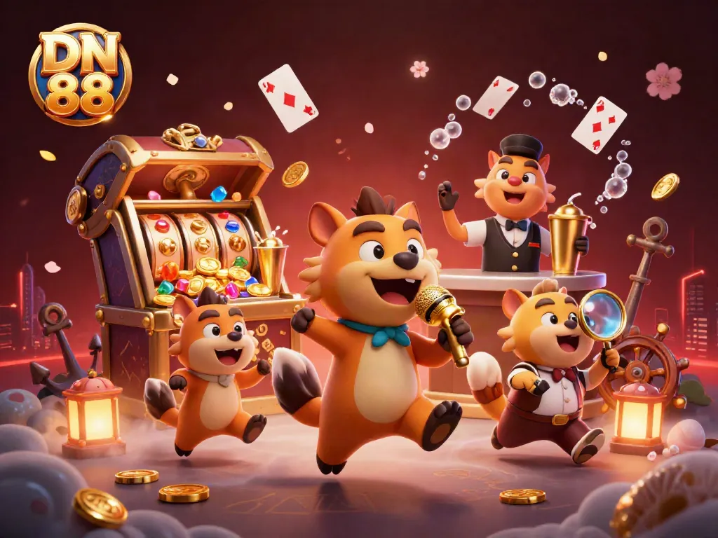 Engage with DN 88's vibrant casino atmosphere featuring cartoon hyenas amid gold and gems.