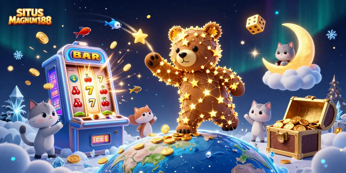 SITUS MAGNUM188 offers a vibrant casino experience featuring a constellation bear, slot machine, and engaging game elements.