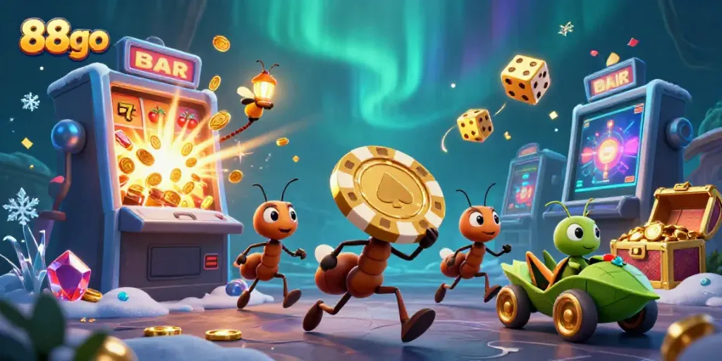Catch the thrill of 88go in this dynamic heist scene featuring ants and vibrant casino elements.