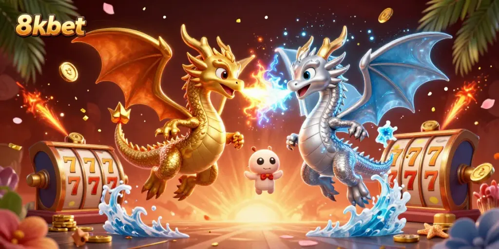 Engage with thrilling 8xbet action featuring a dynamic scene of gaming dragons and slot elements.