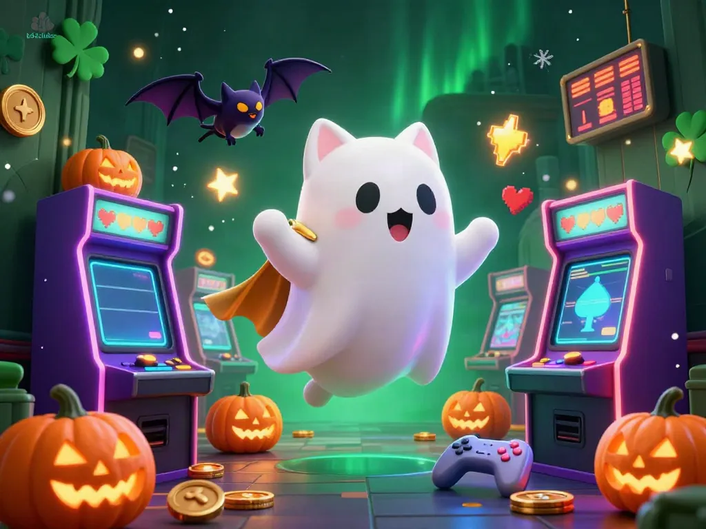 Experience thrilling games at b52clubz with a ghost cat and vampire bat in a vibrant haunted casino.