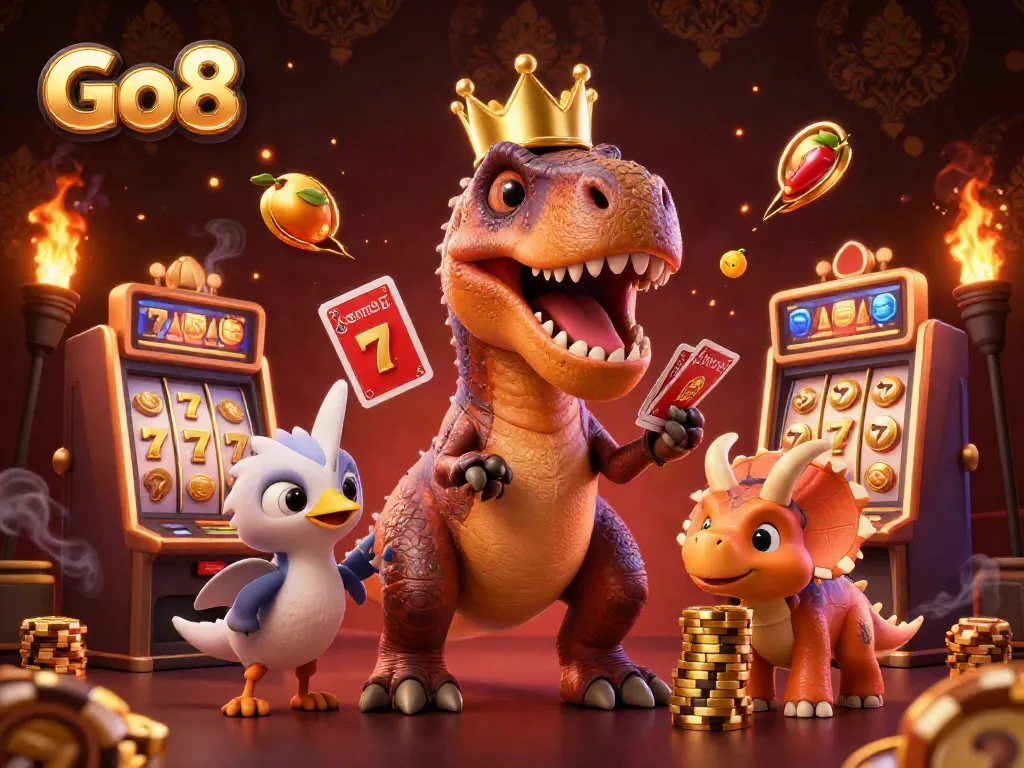 Experience the thrill at Go8 with a friendly T-Rex shuffling cards surrounded by slot machines.