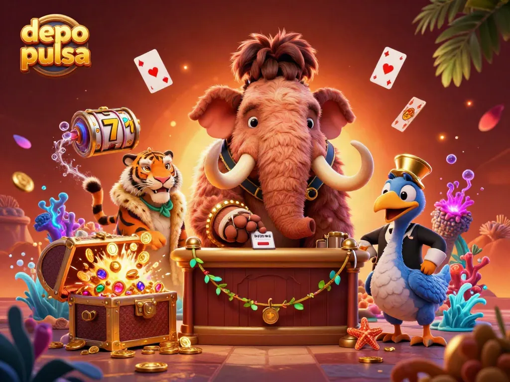 Experience the thrill of depo pulsa with our vibrant 3D casino illustration featuring slots, a mammoth bouncer, and more!