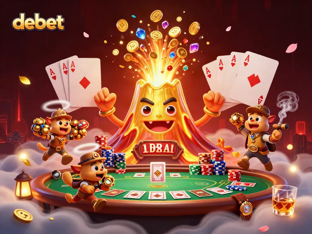 Experience thrilling wins at Debet with explosive treasures and poker excitement in this 3D casino scene.