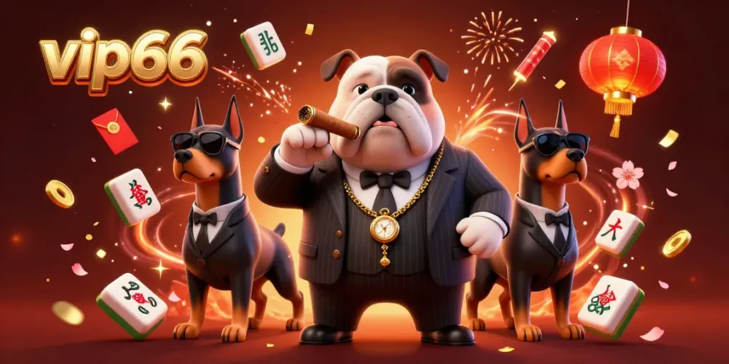 Experience thrilling casino action with vip66 featuring a bulldog mafia boss and dynamic background elements.