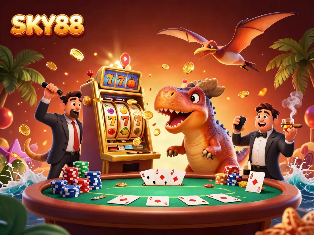 SKY88 showcases a pachycephalosaurus celebrating a jackpot payout amid casino excitement.