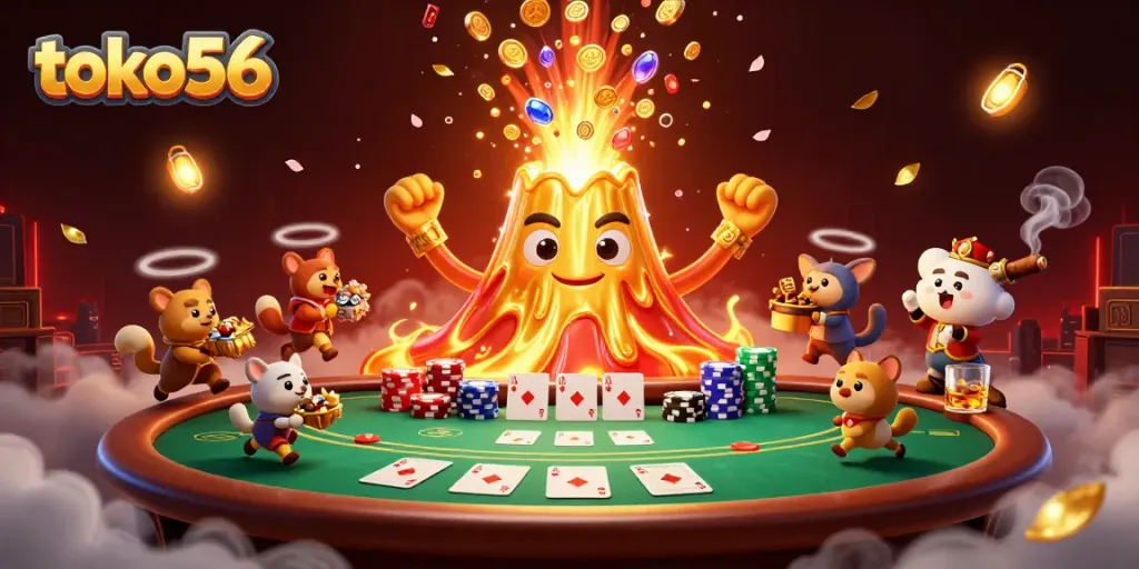 Toko56 offers thrilling gaming experiences with a majestic golden volcano erupting coins and treasures in this vibrant illustration.