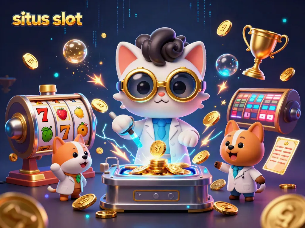Menangkan permainan situs slot dengan karakter menggemaskan, gulungan slot, dan koin emas berkilauan di lingkungan yang ceria.