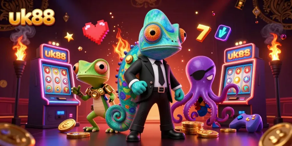 Experience the thrill of uk88 with a dynamic 3D scene of characters engaging in vibrant casino gaming!