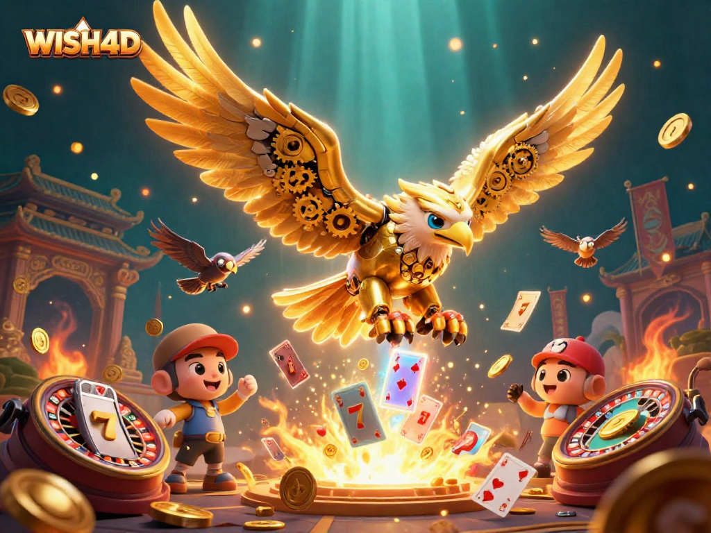 WISH4D showcases a vibrant 3D casino scene featuring a cybernetic eagle among dazzling gaming elements.