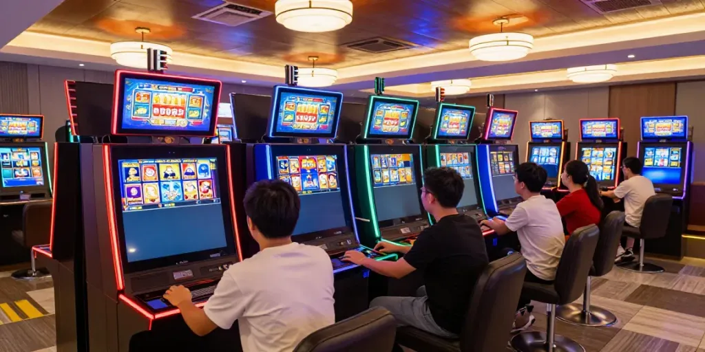 Players enjoying the vibrant atmosphere of slot88 gaming lounge with digital machines.