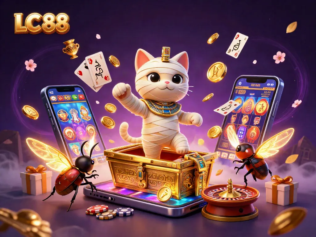 Spin to win with LC 88 as an Egyptian mummy cat bursts from a golden sarcophagus, surrounded by exciting casino elements.