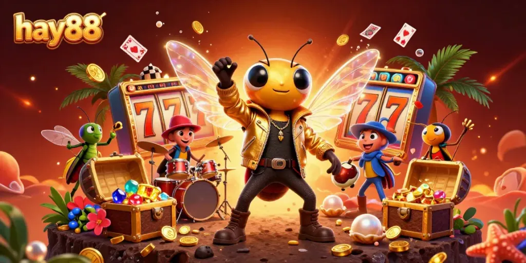 Experience the excitement at hay88 with animated characters in a dynamic casino scene full of vibrant treasures.