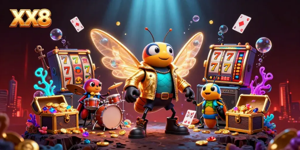 Engaging XX8 casino scene with vibrant characters and dynamic slot games set against a glowing backdrop.