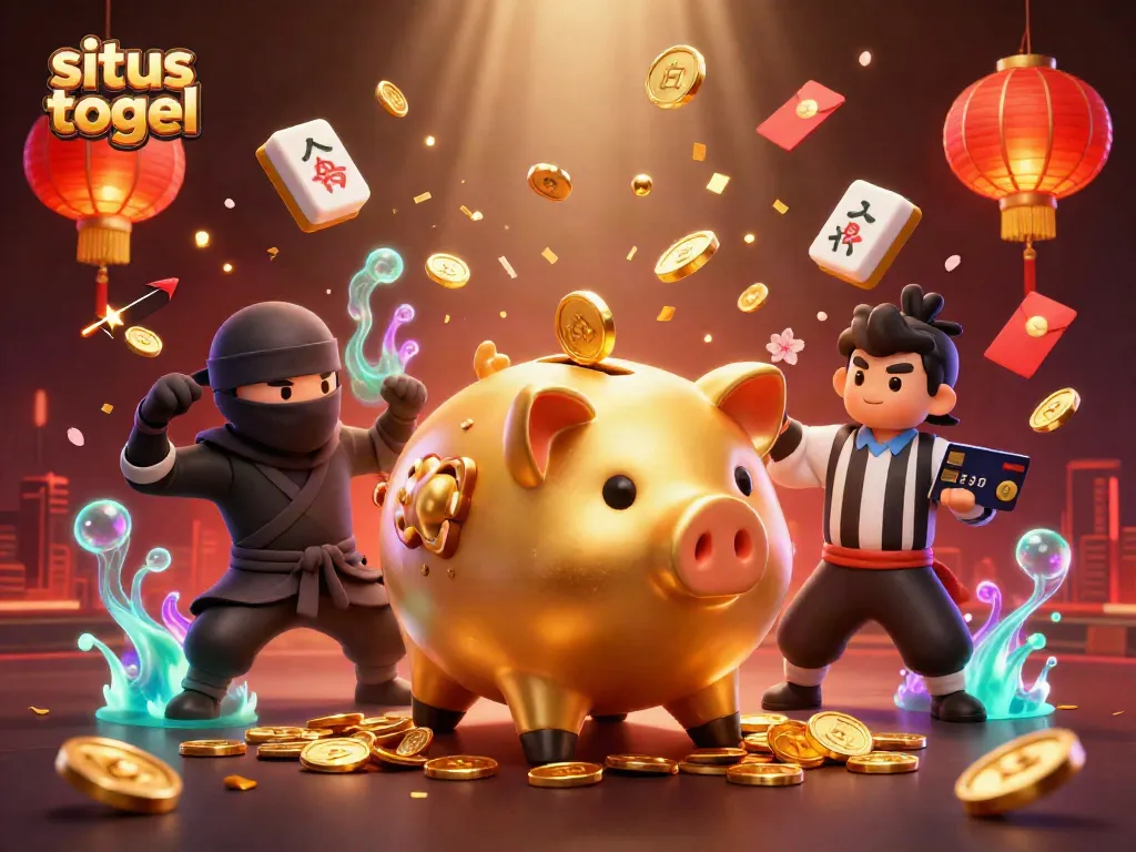 Experience the excitement of situs togel with a golden piggy bank sumo wrestler and dynamic gaming elements.