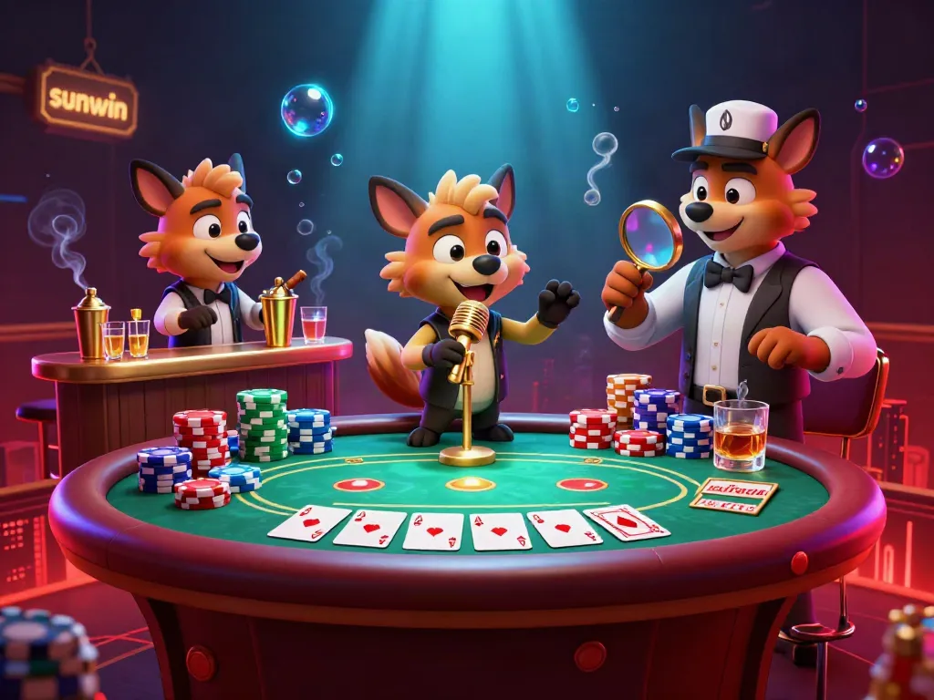 Hyenas lively interacting in a sunwin-themed casino, showcasing vibrant gaming elements and fun ambiance.
