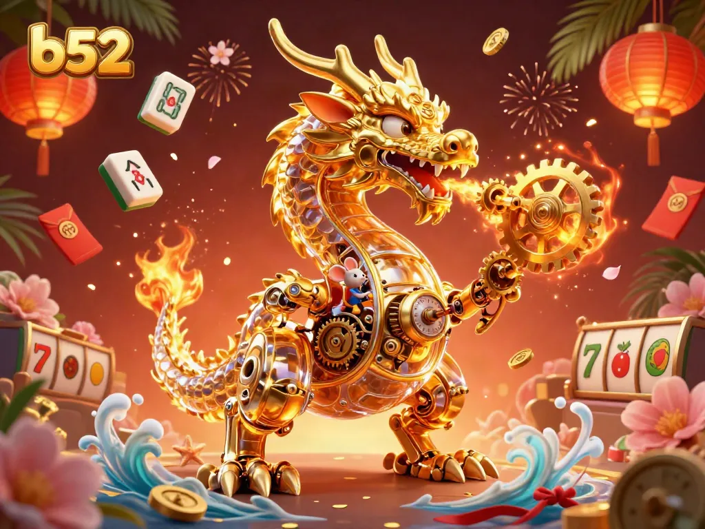 b52 showcases a vibrant casino scene with a golden dragon amidst slots and festive decorations