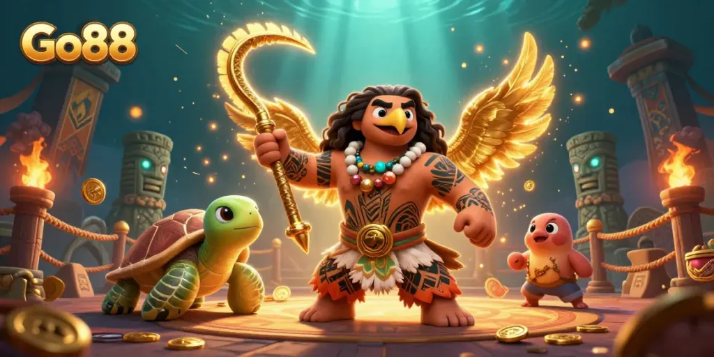 Experience thrilling gameplay with Go88, featuring a vibrant 3D Hawaiian demigod and dynamic casino elements.