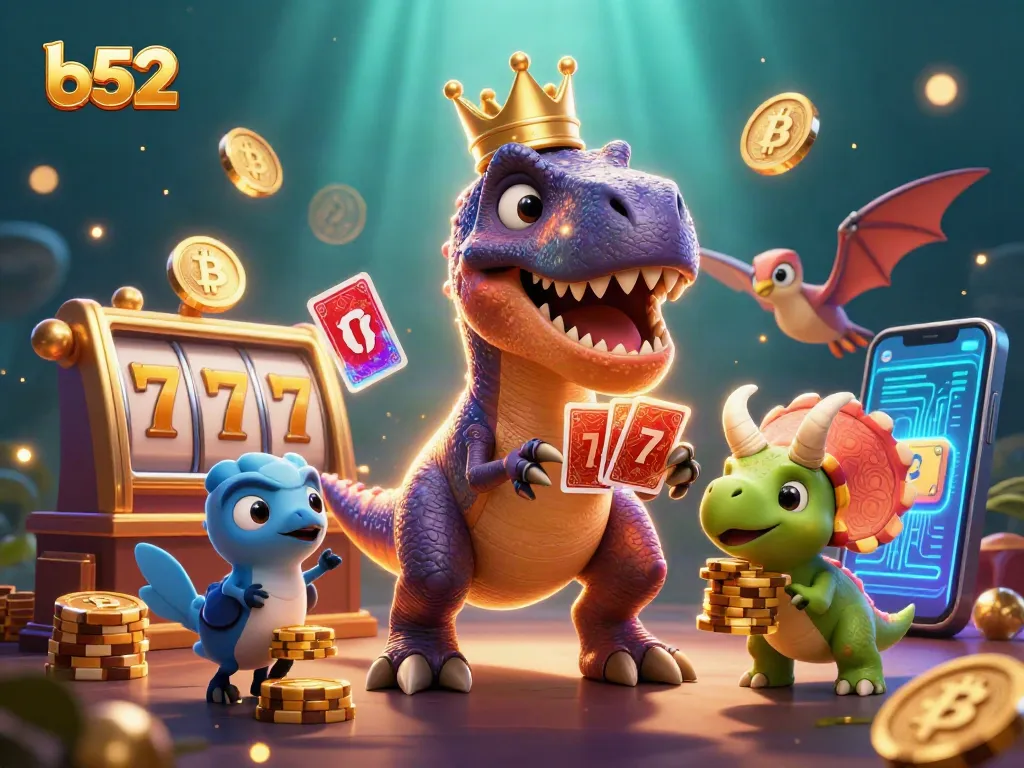 Engage with b52 casino games featuring a cartoon T-Rex and pterodactyl amidst vibrant slot reels and cryptocurrencies