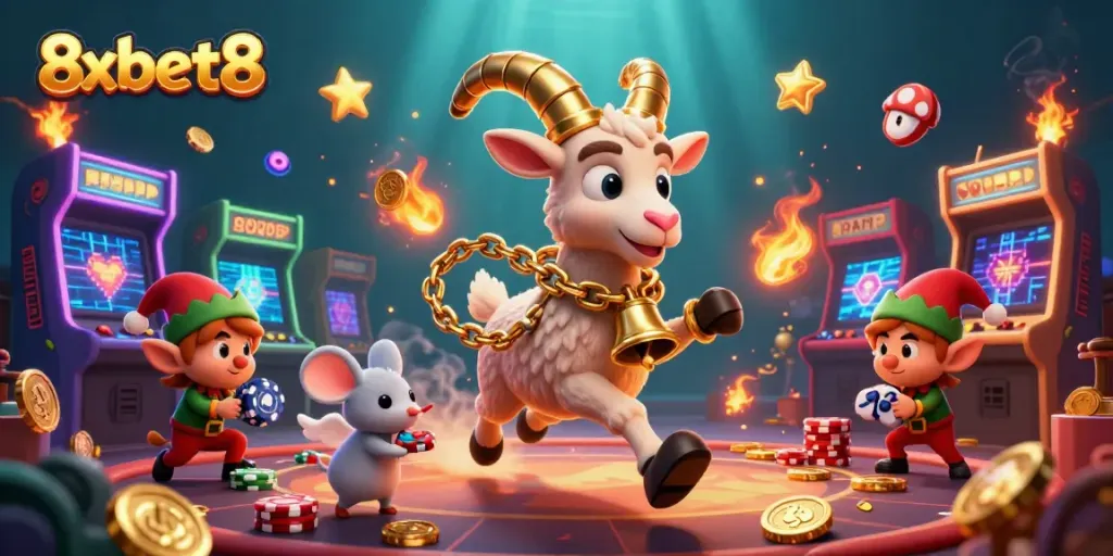 Engage with 8xbet8's thrilling casino experience featuring Karmpus goat and mischievous elves in spectacular detail.
