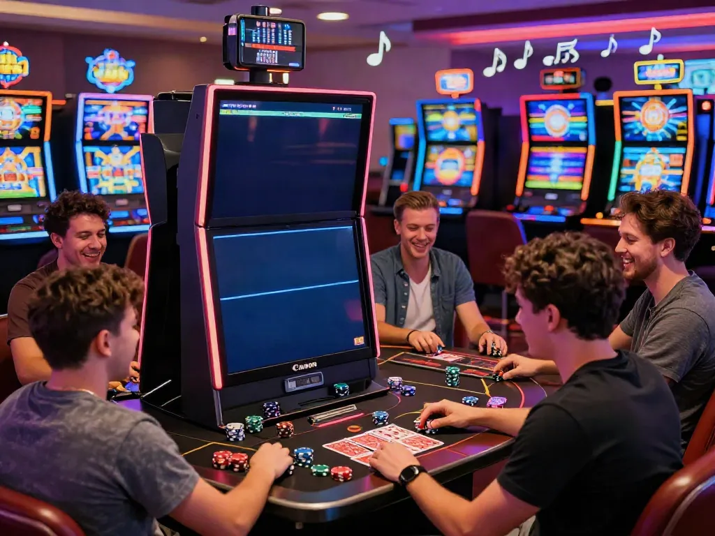 Players engaged at vibrant slot machines in an exciting casino atmosphere.