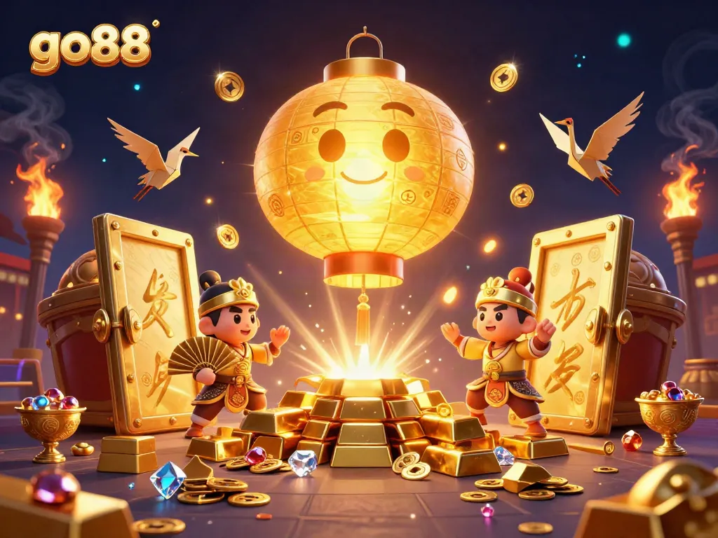 Experience go88's vibrant casino atmosphere showcasing exciting gaming characters and treasures.