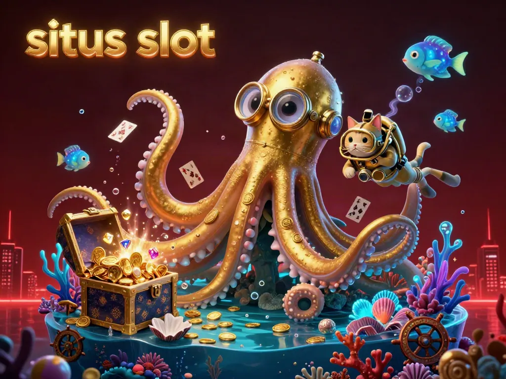 Engage with situs slot gameplay in a vibrant undersea scene with kraken, treasure, and playful diving cat.