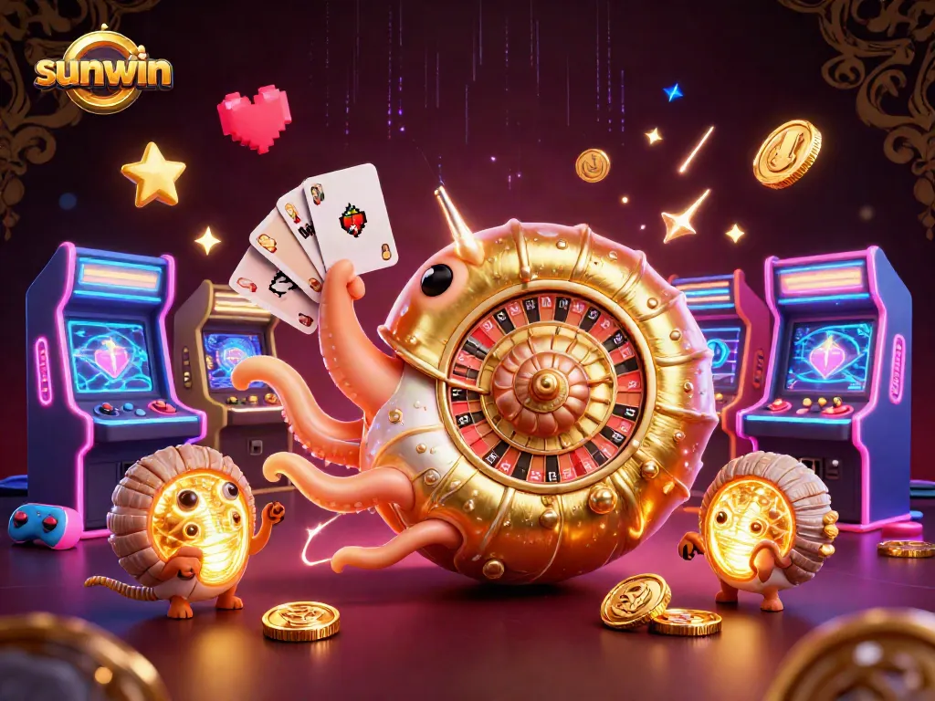 Experience thrilling gameplay at sunwin with a giant nautilus roulette wheel and vibrant casino elements.